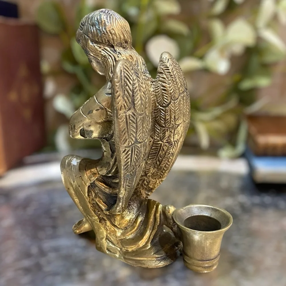Vintage Brass Angel Candleholder Heavy Cast Metal Candlestick